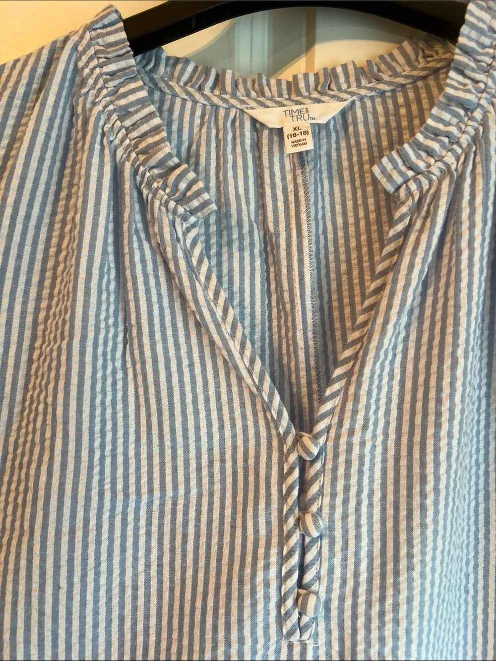 Time and Tru Light Blue and White Striped Ruffle-Trim Cap Sleeve Shift Dress - Picture 4 of 6